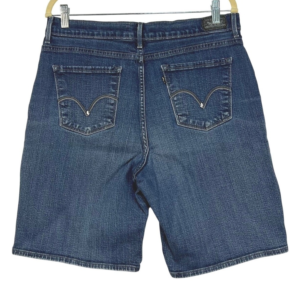 Levi Blue Denim Shorts Women 16 Mid Rise Stretch Bermuda Casual Summer - Picture 1 of 13